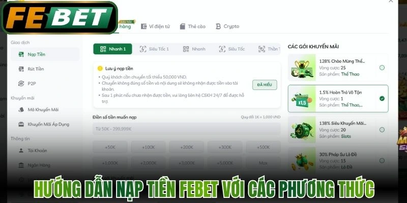 Hướng dẫn nạp tiền FEBET với các phương thức